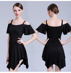 Black dew shoulder women's competition performance gymnastics practice latin salsa cha cha dance dresses outfits for ladies 